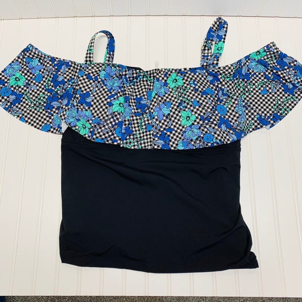 NWOT Lands' End Black Blue Gingham Floral  Ruffle Tankini Sz 44DD